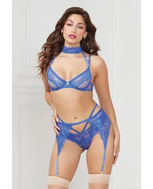Demi Bra W/removable Collar. Garter Belt & Thong Blue
