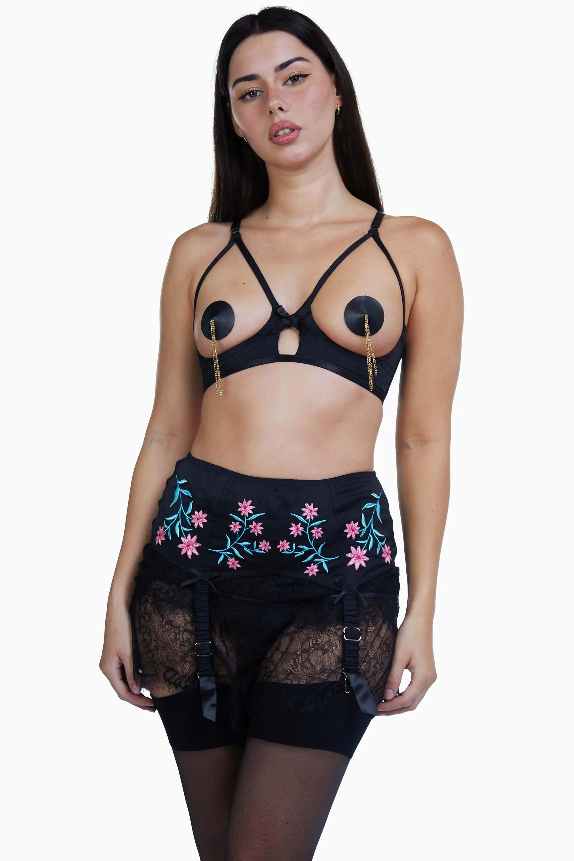 Doris Black Embroidered Retro Suspender Belt