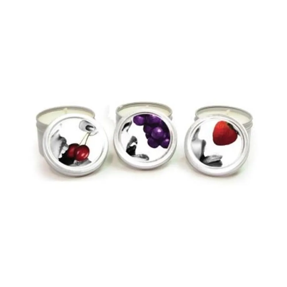 Earthly Body Edible Massage Candle Threesome (strawberry. Grape & Cherry In 2oz Size)