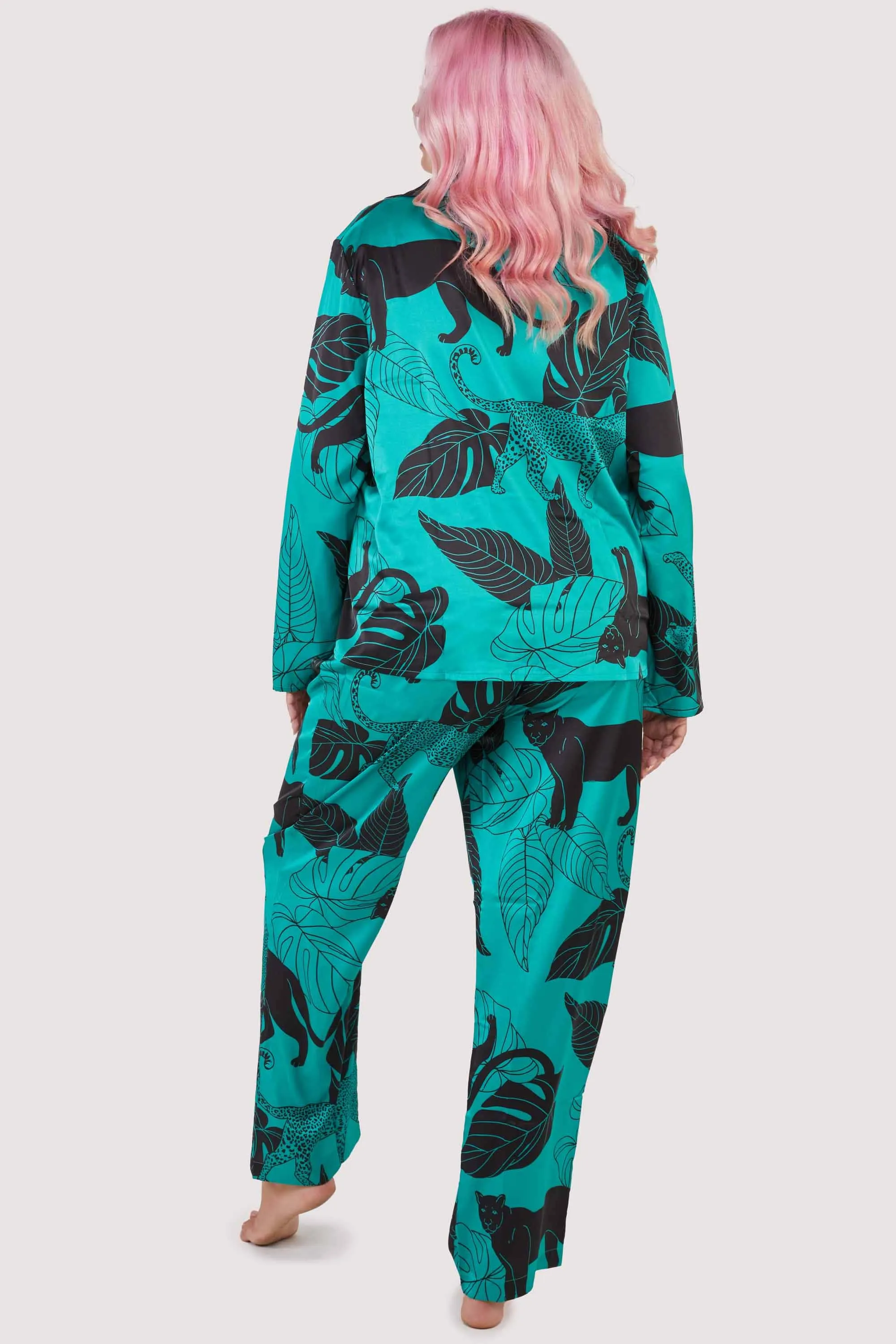 Green Panther Print Satin Pyjama Set