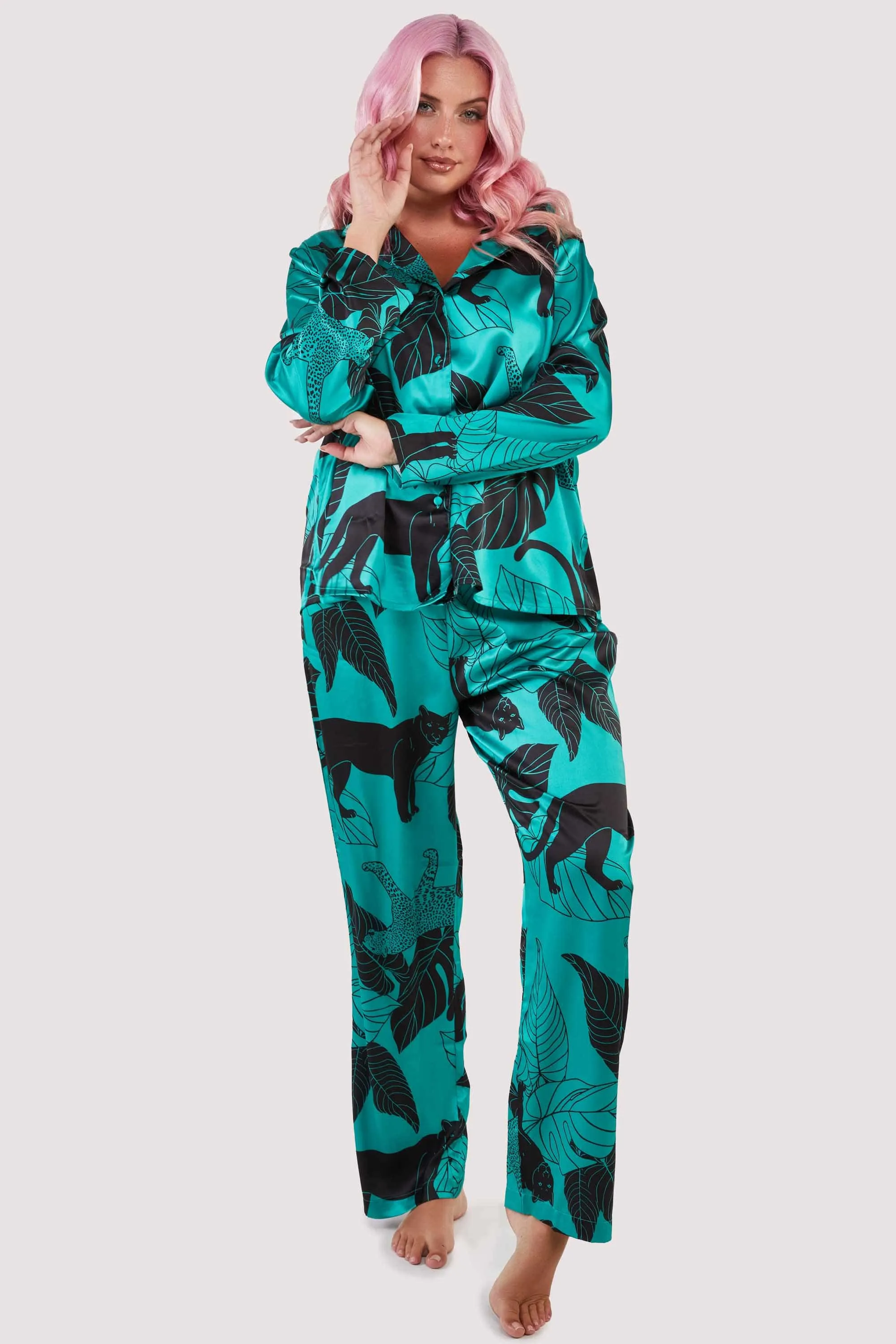 Green Panther Print Satin Pyjama Set