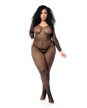Long Sleeved All Over Fishnet Body Stocking Black
