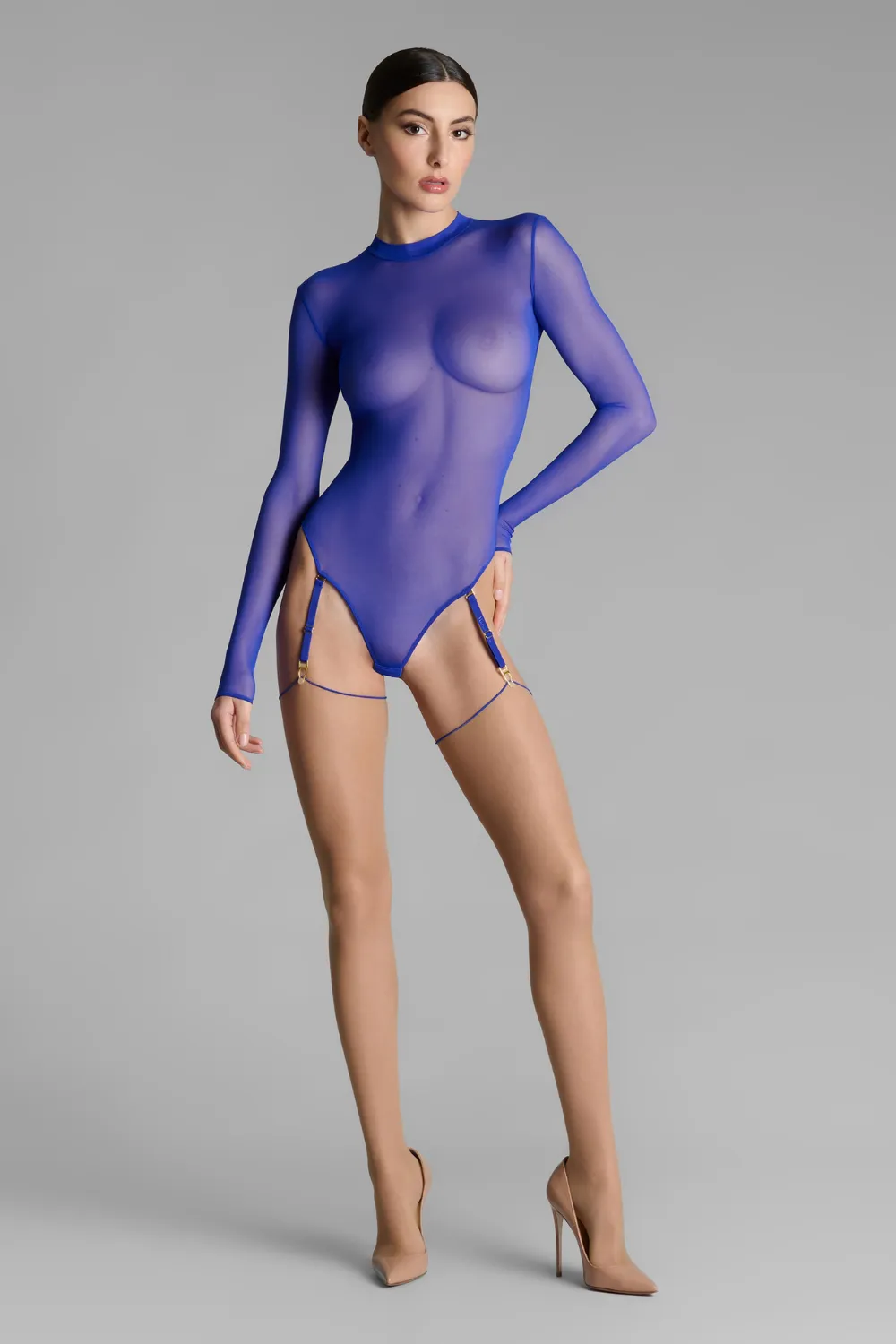 Nude Cut & Curled Blue Seam Stockings 20 Denier