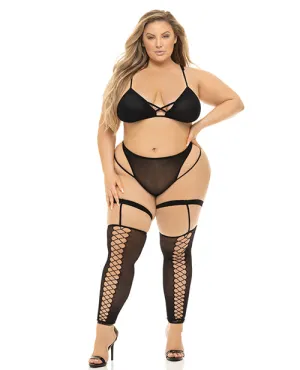 Pink Lipstick Want You Now Bra. Panty & Stockings Black
