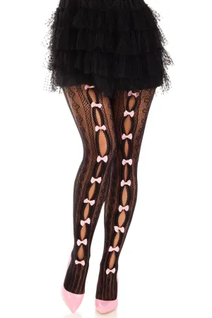 Sweetheart Striped Net Tights. Keyhole. Mini Bow Detail